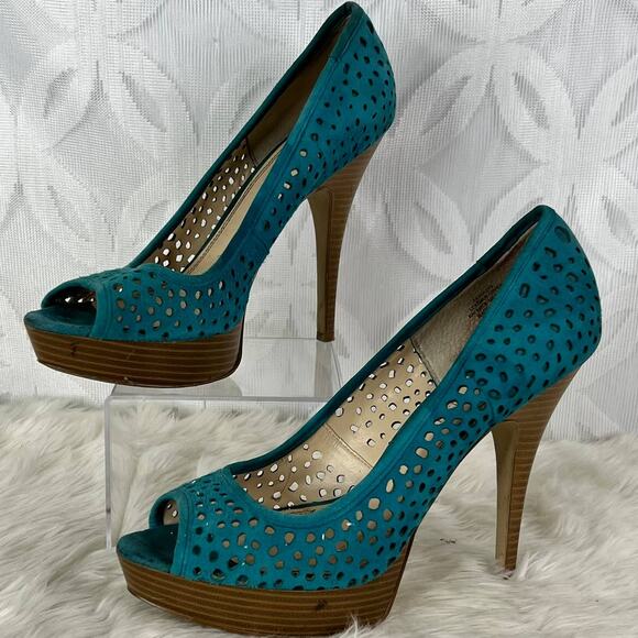 Enzo Angiolini Sully Perforated Suede High Heels Teal Peep Toe Size 9 - Picture 1 of 7